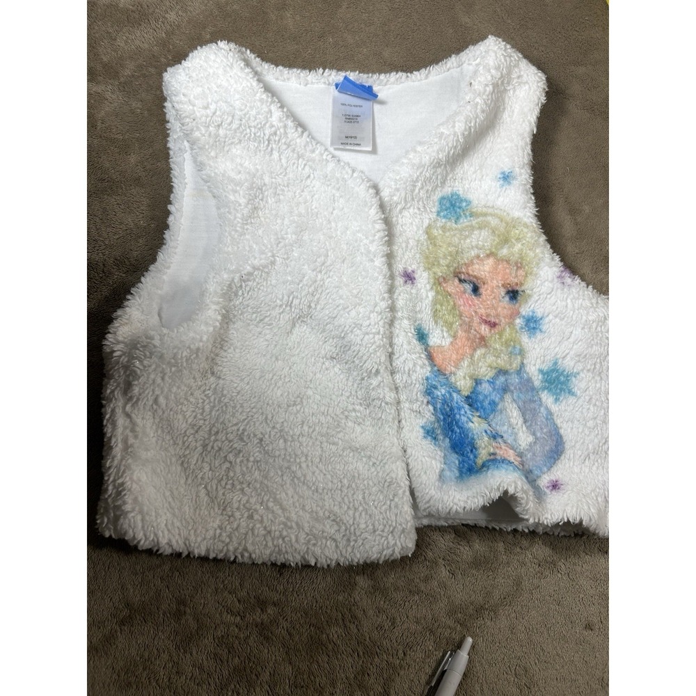 Disney Frozen Elsa White Fuzzy Sherpa Vest Girls M 10/12 Plush Sleeveless